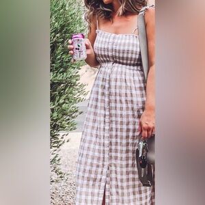 Arie boho checkered smocked button down spaghetti strap midi dress size small